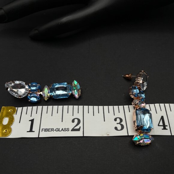 Vintage Blue Aurora Borealis Rhinestone Dangle Pierced Earrings Rose Gold Tone - Picture 7 of 9